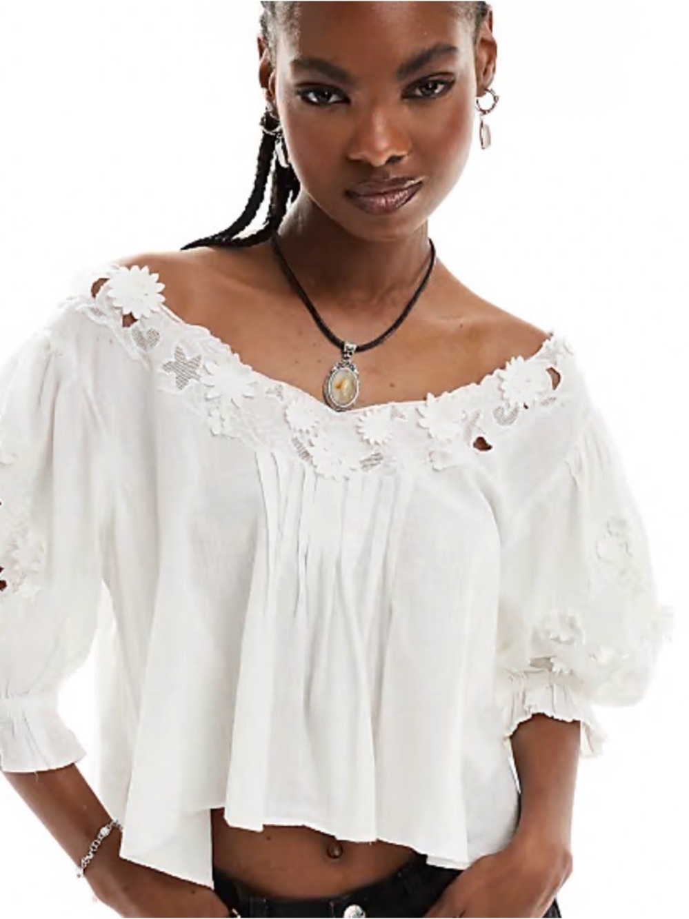 Free People White Off-the-Shoulder Floral Trim Peasant Blouse
